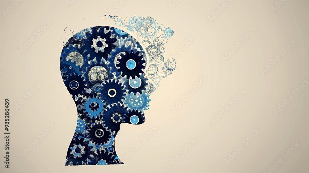 Silhouette of a human head filled with blue gears and cogs on a light background Silhouette of a human head filled with blue gears and cogs on a light background