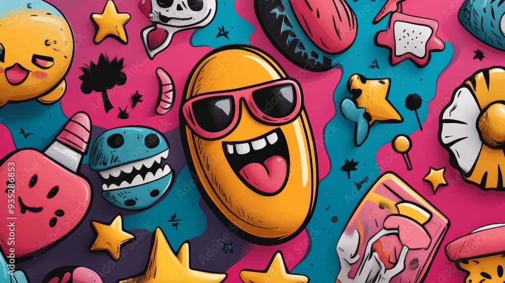 Colorful Cartoon Character Background Smiling Face with Sunglasses Colorful Cartoon Character Background Smiling Face with Sunglasses