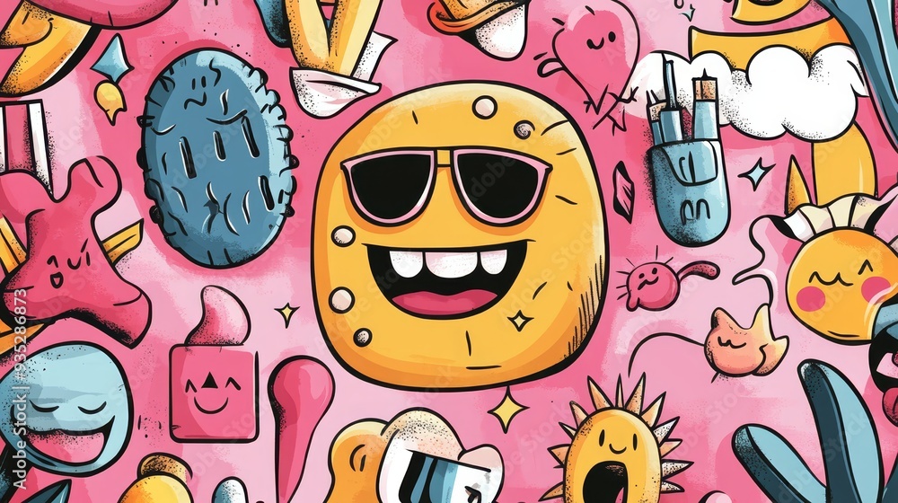 Colorful Cartoon Doodle Pattern with Smiling Faces and Sunglasses Colorful Cartoon Doodle Pattern with Smiling Faces and Sunglasses