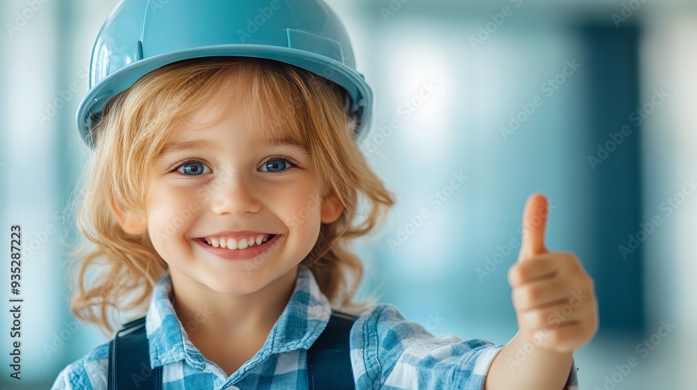 Happy Child Wearing Construction Helmet Giving Thumbs Up Happy Child Wearing Construction Helmet Giving Thumbs Up