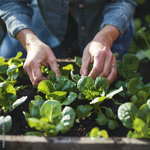 2. Close-up of hands in a dark blue shirt tending to young lettuce plants, raised garden bed, fresh green leaves, organic farming, soil-filled planter boxes, warm sunlight glow, urban gardening,