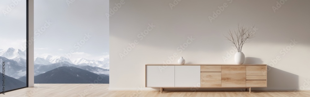 Modern Living Room with Mountain View, Wooden Floor, White Walls Modern Living Room with Mountain View, Wooden Floor, White Walls