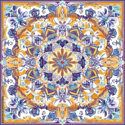 Ornate Floral Mandala in Vibrant Blue, Gold, and Purple