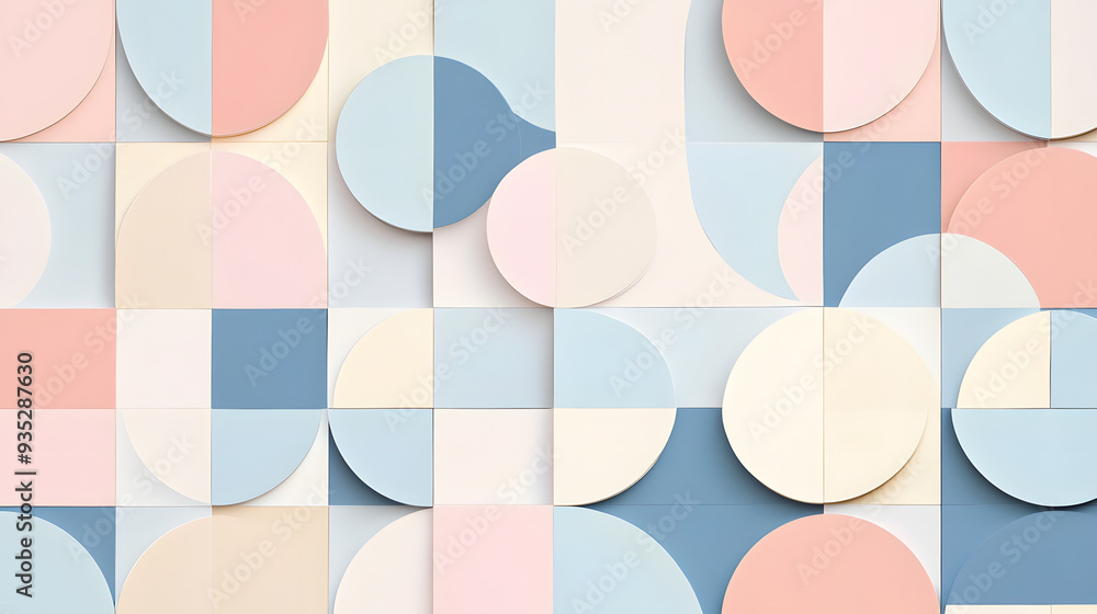 custom made wallpaper toronto digitalA pattern of geometric shapes featuring circles and squares in soft pastel colors, including light blue, pink, beige, and white, arranged symmetrically.