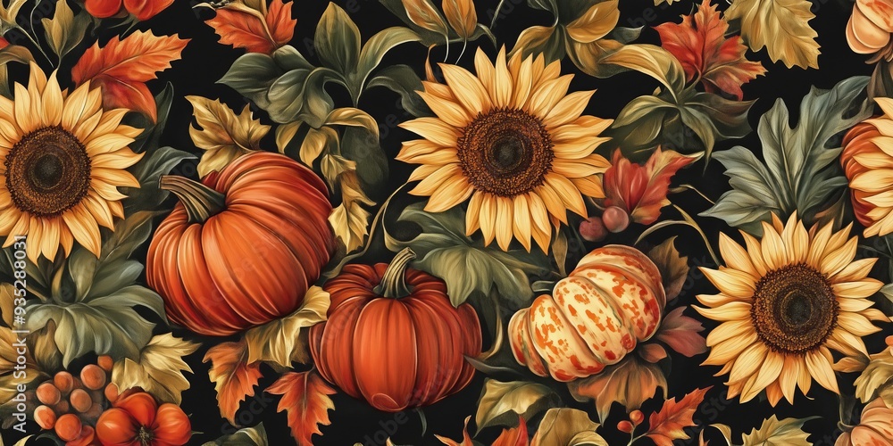 Lovely hand drawn Thanksgiving seamless pattern with pumpkins and sunflowers, great Lovely hand drawn Thanksgiving seamless pattern with pumpkins and sunflowers, great