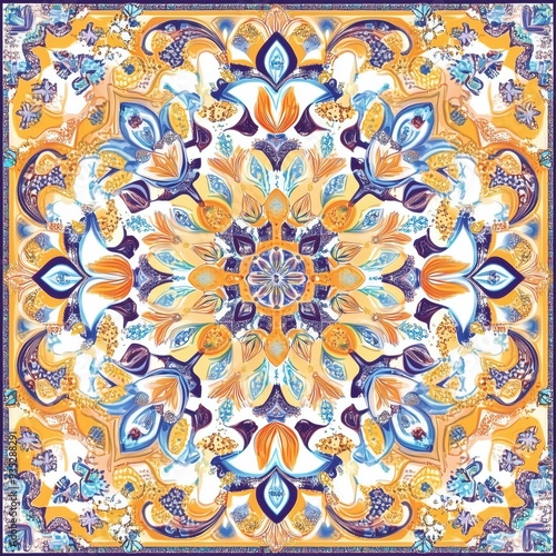Ornate Floral Mandala in Vibrant Blue, Gold, and Purple