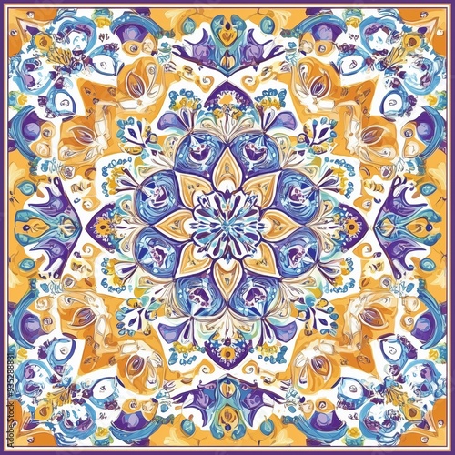 Ornate Floral Mandala in Vibrant Blue, Gold, and Purple