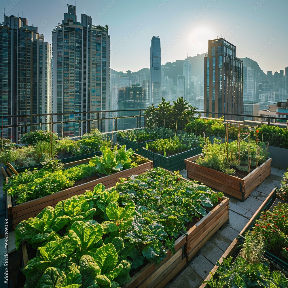 4. Aerial view of urban rooftop garden, lush green vegetable plants, raised planter boxes, city skyline backdrop, diverse crops, sustainable agriculture, leafy greens, modern buildings, sunny day, 4. Aerial view of urban rooftop garden, lush green vegetable plants, raised planter boxes, city skyline backdrop, diverse crops, sustainable agriculture, leafy greens, modern buildings, sunny day,