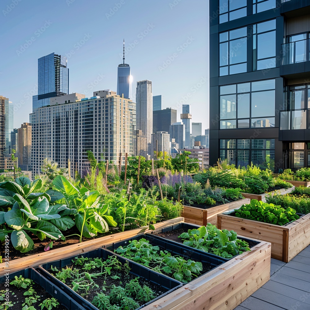 5. Urban rooftop garden with diverse crops, lush green vegetable plants, raised planter boxes, city skyline in background, sustainable agriculture, leafy greens, modern buildings, sunny day, clear 5. Urban rooftop garden with diverse crops, lush green vegetable plants, raised planter boxes, city skyline in background, sustainable agriculture, leafy greens, modern buildings, sunny day, clear
