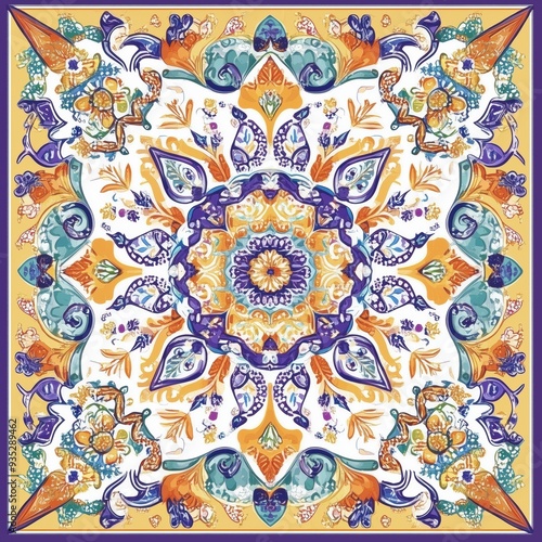 Ornate Floral Mandala in Vibrant Blue, Gold, and Purple