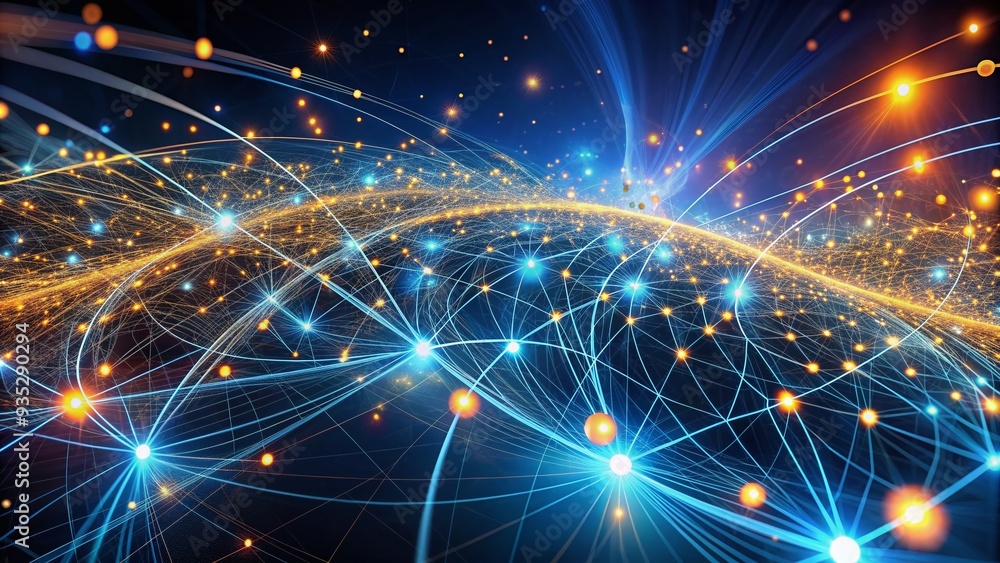 Obraz premium A futuristic illustration of a glowing network of interconnected nodes and swirling lines, representing a complex database system with flowing data streams.