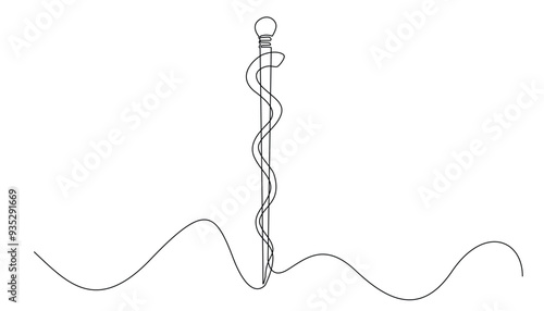 continuous line Caduceus symbol of health.one line drawing of Caduceus.snake wrapped around a stick single line.caduceus icon for medicine.isolated white background