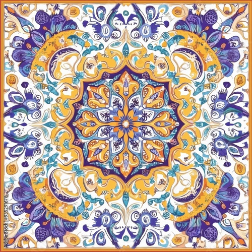 Ornate Floral Mandala in Vibrant Blue, Gold, and Purple