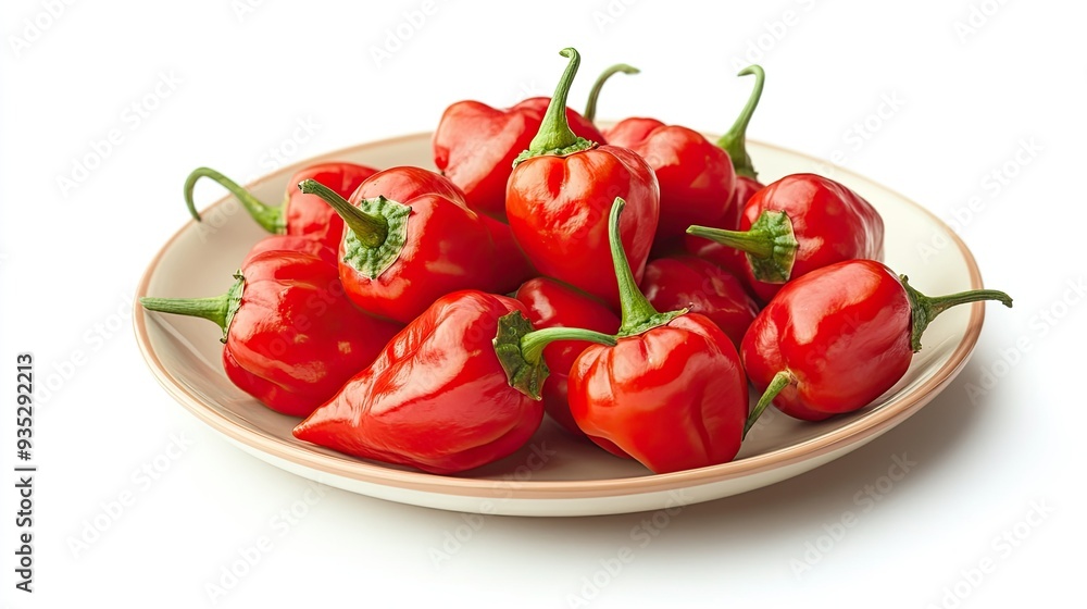 A clean and simple image of Habanero chilies arranged neatly on a plate, isolated on a white background. A clean and simple image of Habanero chilies arranged neatly on a plate, isolated on a white background.