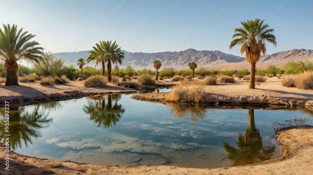 Desert oasis with palm trees and pond, transparent background Desert oasis with palm trees and pond, transparent background