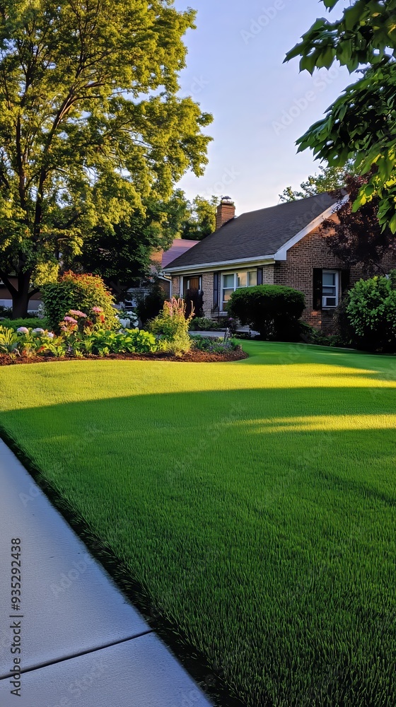 Brick house in a suburban neighborhood with a beautifully maintained garden and lush green lawn, on a sunny day. Brick house in a suburban neighborhood with a beautifully maintained garden and lush green lawn, on a sunny day.
