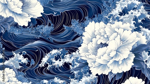 Fototapeta Naklejka Na Ścianę i Meble -  Botanical illustration with detailed peonies and swirling ocean waves in rich indigo and white, perfect for elegant backgrounds and creative projects
