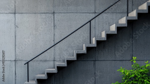 Abstract Concrete Staircase against Minimalist Gray Wall and Green Foliage photo