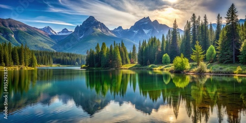 Beautiful landscape with mountains, trees, and a serene lake, scenic, nature, tranquil, outdoor, scenery