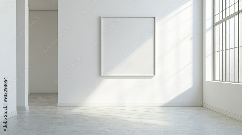 A sleek, minimalist photo frame positioned on a stark white wall, creating a focal point in the room. A sleek, minimalist photo frame positioned on a stark white wall, creating a focal point in the room.