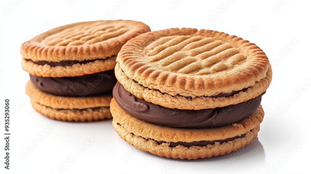 Two chocolate sandwich cookies stacked on top of each other against a white background. Two chocolate sandwich cookies stacked on top of each other against a white background.