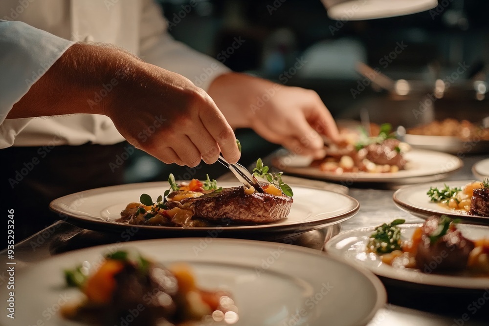 A chef elegantly plating a gourmet dish. Skill and artistry are on display. This image captures the beauty of cuisine in a professional kitchen. Generative AI A chef elegantly plating a gourmet dish. Skill and artistry are on display. This image captures the beauty of cuisine in a professional kitchen. Generative AI