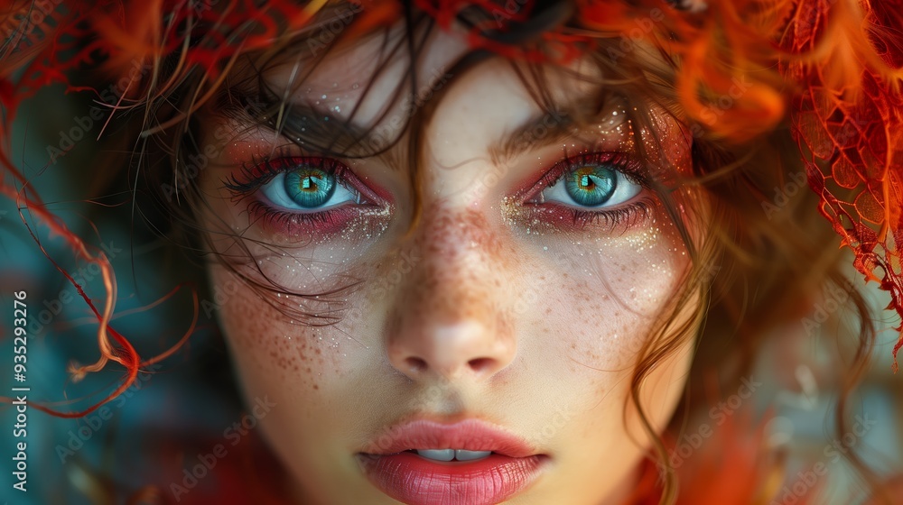 Captivating Close-Up Portrait of a Young Woman With Striking Green Eyes and Vibrant Red Accessories Captivating Close-Up Portrait of a Young Woman With Striking Green Eyes and Vibrant Red Accessories