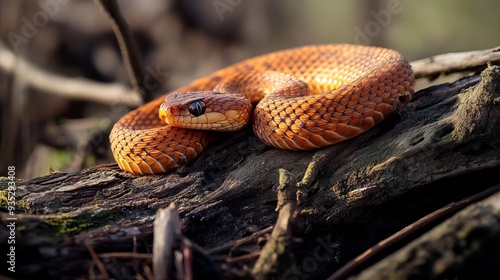 An orange female common adder (Vipera berus) basks among old twigs, her distinctive markings and vibrant coloration standing out against the natural backdrop. photo