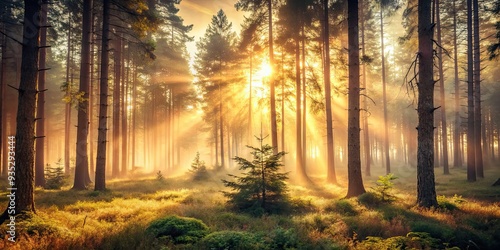 Warm nostalgic haze soft vintage dreamy morning misty Low Angle Shot forest