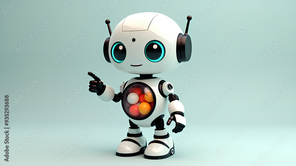 A very cute 3D robot that has a glass circle inside its chest A very cute 3D robot that has a glass circle inside its chest