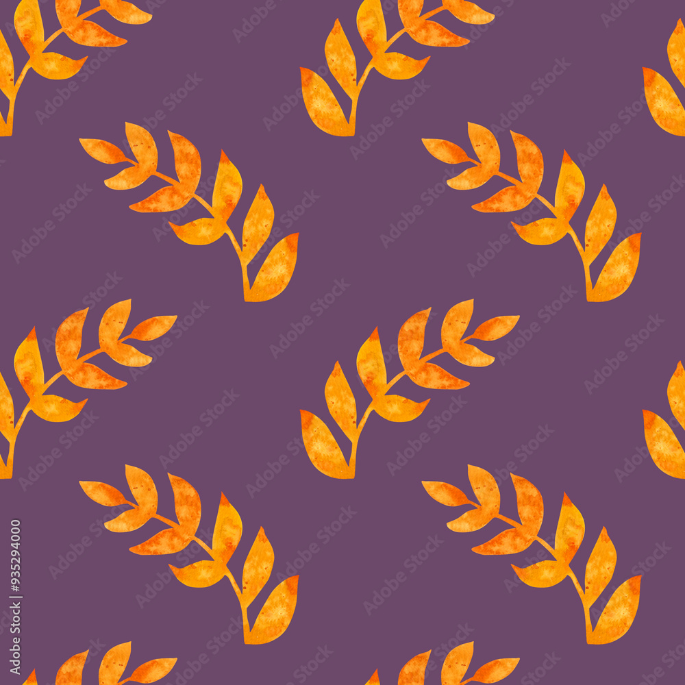 Seamless pattern of yellow twig leaves painted with watercolors on a purple background. For fabric, sketchbook, wallpaper, wrapping paper. Hand painted floral elements. Drawn Botanical. watercolor Seamless pattern of yellow twig leaves painted with watercolors on a purple background. For fabric, sketchbook, wallpaper, wrapping paper. Hand painted floral elements. Drawn Botanical. watercolor