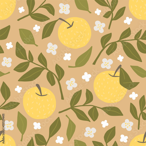 Cute seamless pattern with yellow apples, branches and leaves. Vector summer texture for wallpapers, textile or wrapping paper