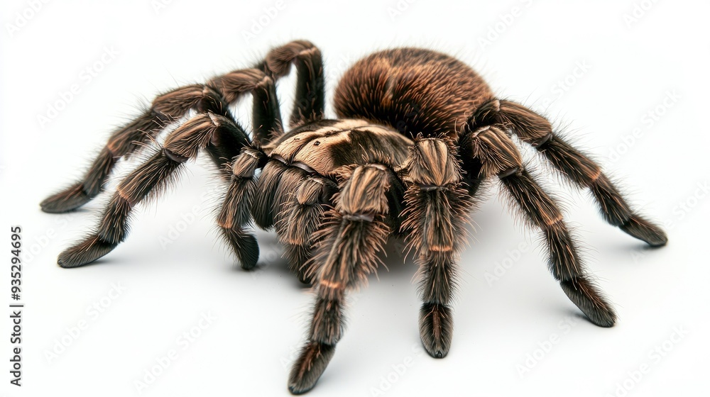 Close-up of a Goliath tarantula, showcasing its large hairy body and powerful legs, set against a plain white background.