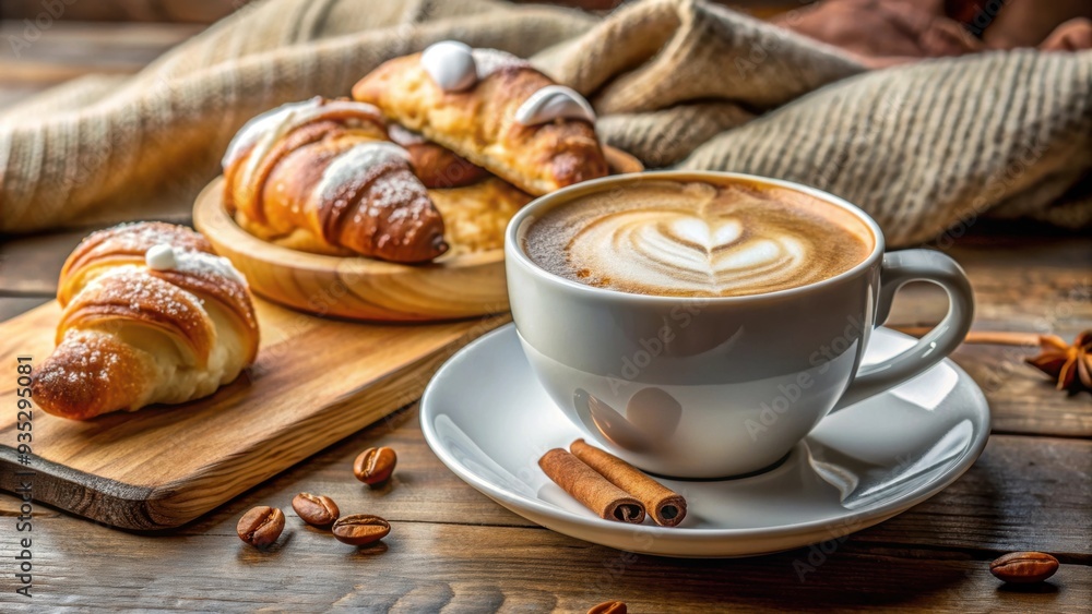 Cozy breakfast scene with a cup of coffee, foam, and two pastries , coffee, foam, pastries, cozy, breakfast, scene, inviting Cozy breakfast scene with a cup of coffee, foam, and two pastries , coffee, foam, pastries, cozy, breakfast, scene, inviting