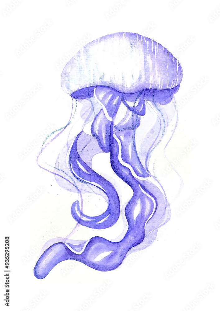 Hand-drawn watercolor illustration of a purple and blue jellyfish Hand-drawn watercolor illustration of a purple and blue jellyfish