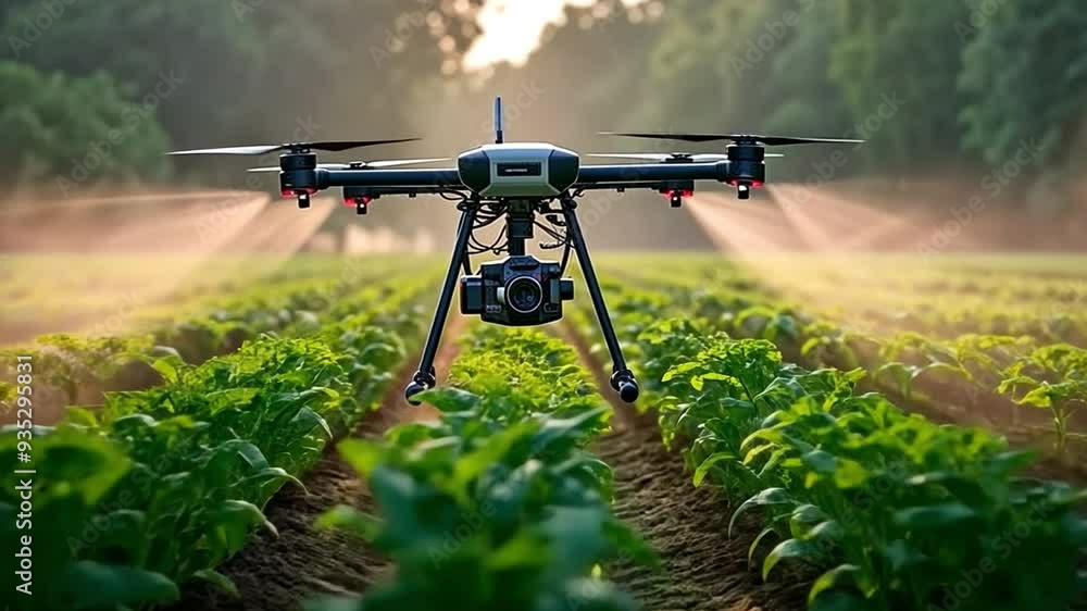 fertiliser being sprayed by drone on green vegetable plants Farm automation and agricultural technology fertiliser being sprayed by drone on green vegetable plants Farm automation and agricultural technology