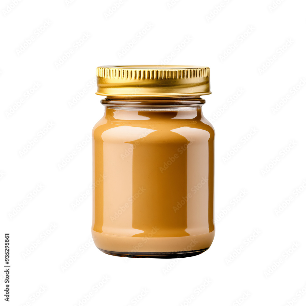 Glass bottle with golden lid filled with caramel sauce Glass bottle with golden lid filled with caramel sauce