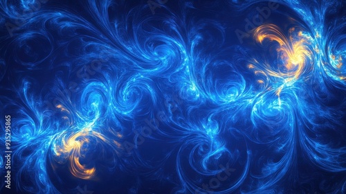 A vibrant abstract design featuring swirling blue and orange patterns.