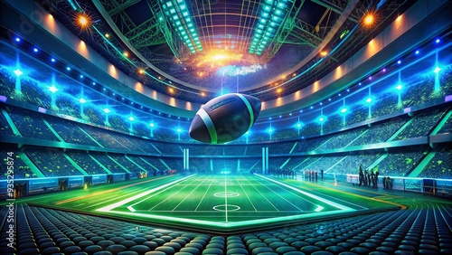 A futuristic, neon-lit virtual stadium hosts a high-tech American football game, surround by holographic spectators and cyberpunk-inspired architecture, glowing with vibrant blue and green lights. photo