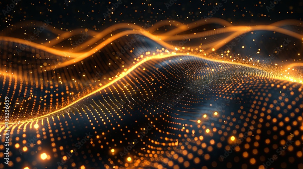 Fototapeta premium Vector flowing gold dots, gold particles wave pattern 3D curve halftone isolated on dark background. Vector concept of technology, science, music, modern