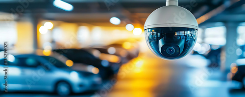 A high-tech IP security camera installed in a modern parking garage, capturing a wide-angle view of the area photo