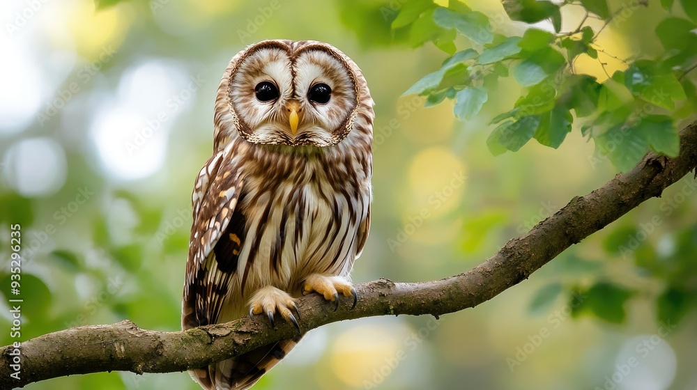 Floppy owl perched on a tree branch, its brown and white feathers creating a striking contrast against the natural backdrop.