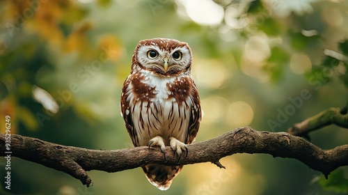 Floppy owl perched on a tree branch, its brown and white feathers creating a striking contrast against the natural backdrop. photo