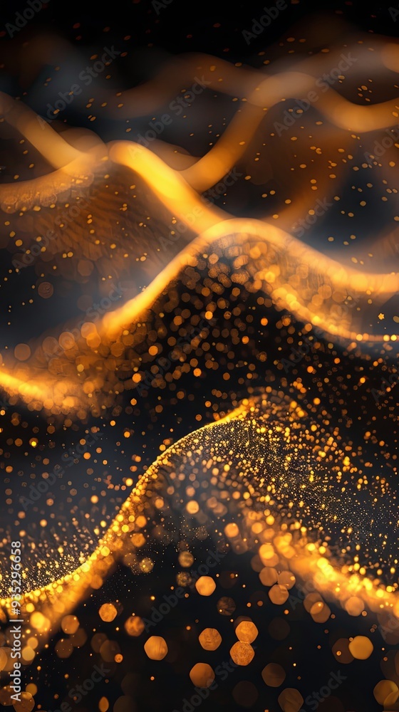 Vector flowing gold dots, gold particles wave pattern 3D curve halftone isolated on dark background. Vector concept of technology, science, music, modern Vector flowing gold dots, gold particles wave pattern 3D curve halftone isolated on dark background. Vector concept of technology, science, music, modern