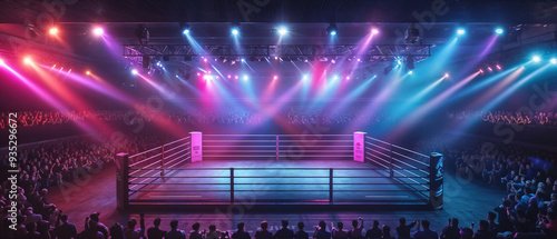 A stadium full of people with an illuminated ring in the centre. The lights are bright and colourful photo