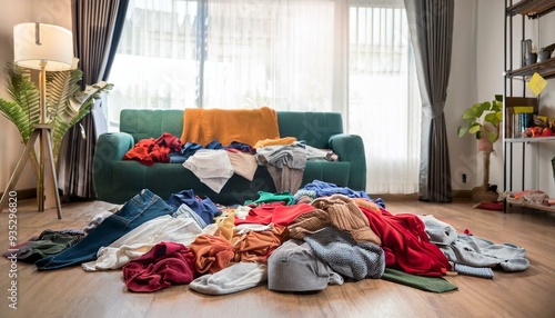 Clothes mess in the room, full of dress on the floor