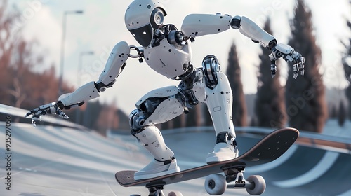 Robot Skater Performing Trick: A robotic skater performing an intricate trick on a sleek, modern skateboard.
