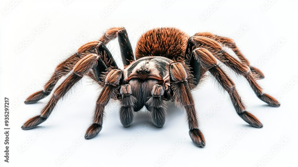 Goliath tarantula with its distinctive hairy body and strong legs, centered on a white background, emphasizing its imposing presence. Goliath tarantula with its distinctive hairy body and strong legs, centered on a white background, emphasizing its imposing presence.