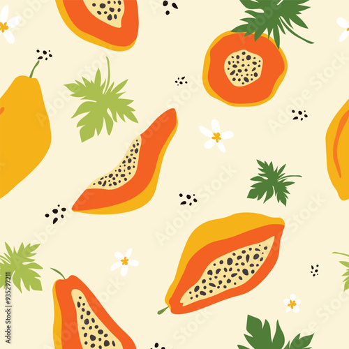 Papaya seamless pattern. Half papaya fruit seamless pattern. Papaya with leaf background for fabric, wrapping paper, wallpaper, textile, packaging, cover, interior, decoration, and other use.