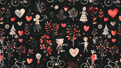 Wallpaper Mural Whimsical seamless pattern of love, trees, and people in a folk art style Torontodigital.ca